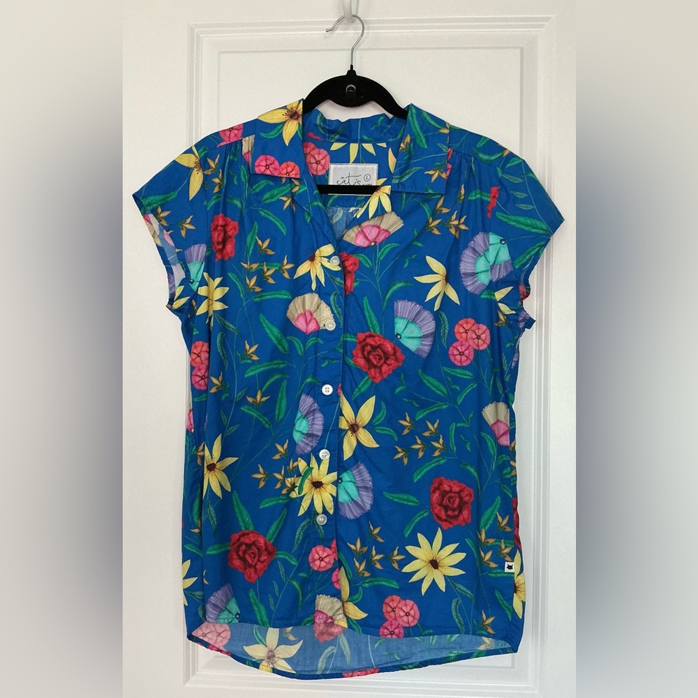 The Cat’s Pajamas Women’s Blue Floral Short Sleeve Pajama Top 100% Cotton Size L